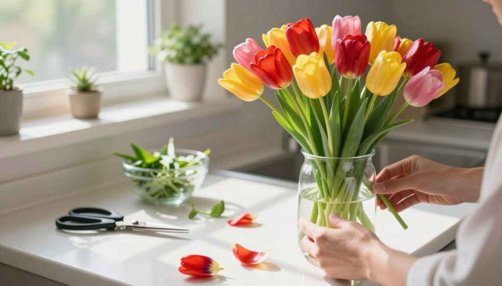 A serene and vibrant kitchen countertop scene featuring a clear glass vase ready to be filled with freshly prepared tulips. In the foreground, a pair of hands gently trimming the stems of colorful tulips, showcasing rich hues of red, yellow, and pink. The tulips are partially submerged in water, with a few petals scattered nearby, indicating care in preparation. The middle ground features kitchen tools like scissors and a small bowl for discarded greenery. Natural sunlight streams through a nearby window, casting soft shadows and illuminating the flowers, creating a warm and inviting atmosphere. In the background, blurred green plants add freshness, enhancing the mood of springtime rejuvenation. The composition is balanced and harmonious, evoking a sense of tranquility and beauty.