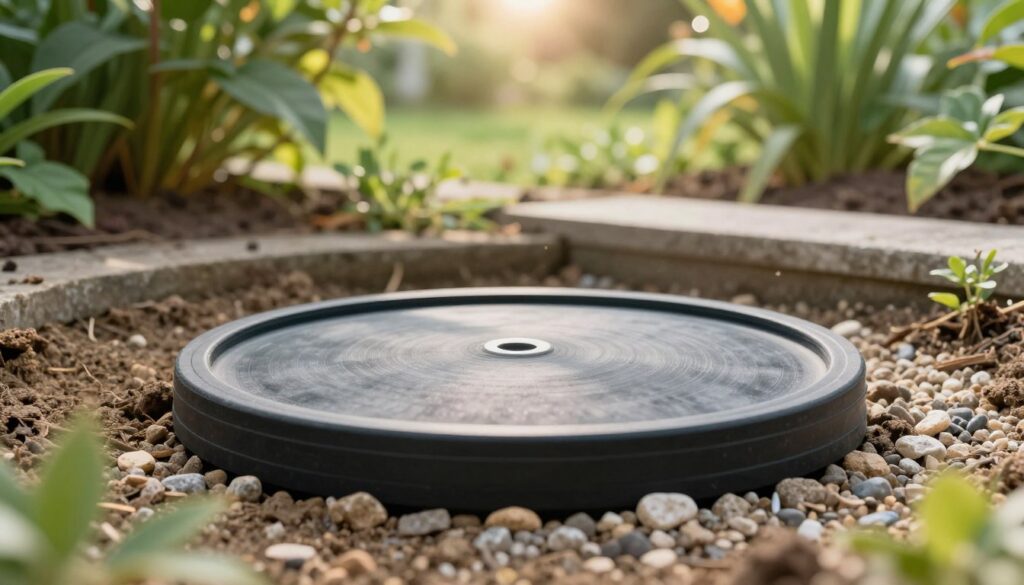 A serene and well-maintained garden featuring a detailed close-up of a newly installed underground well sealing system. In the foreground, a round, neatly fitted seal encircles the top of the well, crafted from durable rubber, showing texture and precision. The middle ground includes a contrasting layer of earth and gravel, illustrating how the seal integrates with natural elements. The background reveals lush greenery, with sunlight filtering through leaves, creating a warm, inviting atmosphere. The scene is captured with a slightly elevated angle to emphasize the protective elements of the well design while maintaining a clear view of the surrounding garden. Soft, diffused lighting enhances the tranquil setting, ensuring that the focus remains on the sealing solution. A serene and well-maintained garden featuring a detailed close-up of a newly installed underground well sealing system. In the foreground, a round, neatly fitted seal encircles the top of the well, crafted from durable rubber, showing texture and precision. The middle ground includes a contrasting layer of earth and gravel, illustrating how the seal integrates with natural elements. The background reveals lush greenery, with sunlight filtering through leaves, creating a warm, inviting atmosphere. The scene is captured with a slightly elevated angle to emphasize the protective elements of the well design while maintaining a clear view of the surrounding garden. Soft, diffused lighting enhances the tranquil setting, ensuring that the focus remains on the sealing solution.