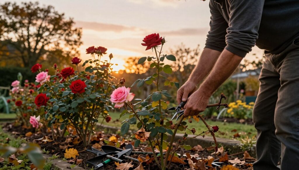 A serene autumn garden scene featuring a gardener in modest casual clothing, gently preparing climbing roses for winter dormancy. In the foreground, the gardener is carefully pruning rose stems, surrounded by fallen leaves and garden tools. The middle ground showcases lush, healthy rose bushes with vibrant red and pink blooms, starting to wilt. In the background, soft golden sunlight filters through the trees, creating a warm and tranquil atmosphere. The sky is a soft pastel twilight, hinting at the approaching winter. The composition captures the essence of preparation and care, emphasizing the importance of protecting delicate plants as they transition to their dormant phase. The angle is slightly lower, focusing on the gardener's hands and the roses, with the warm, inviting light enhancing the peaceful ambiance.