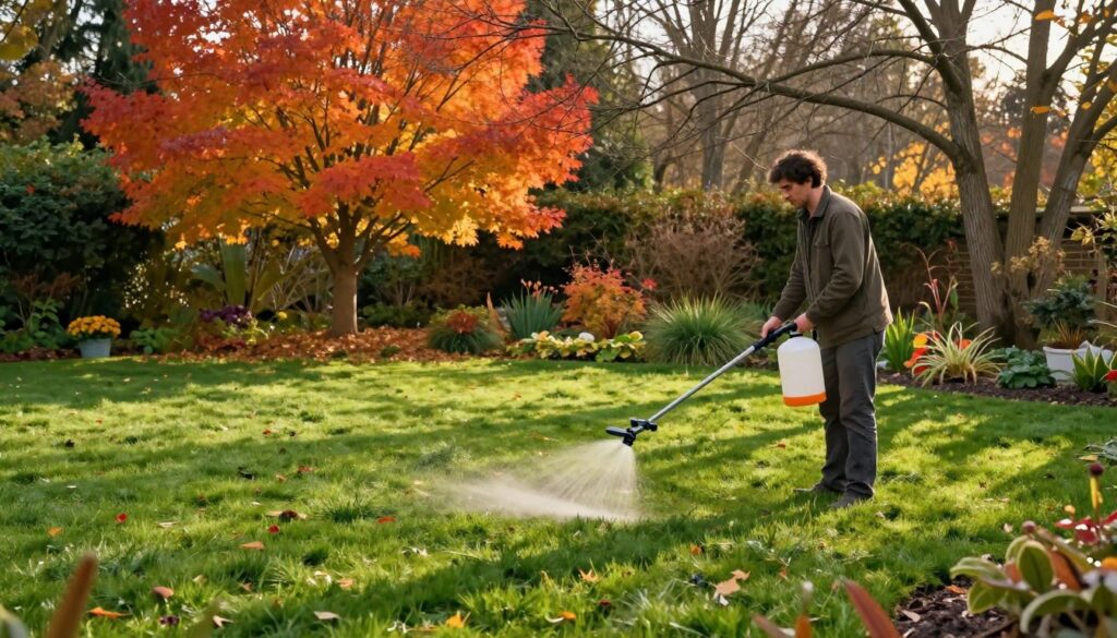 A serene autumn garden scene featuring a lush green lawn being fertilized. In the foreground, a gardener in modest, casual clothing pours an organic fertilizer blend onto the verdant grass using a handheld spreader. The middle ground showcases vibrant fall foliage with shades of orange, red, and yellow, enhancing the seasonal atmosphere. In the background, a few trees stand bare, hinting at the approaching winter. Soft, golden sunlight filters through the branches, casting gentle shadows across the lawn. The overall mood is calm and nurturing, emphasizing the importance of autumn fertilization for a healthy lawn revival in spring. Use a slightly elevated angle to capture the depth of the scene, ensuring a clear view of both the lawn and the colorful backdrop.