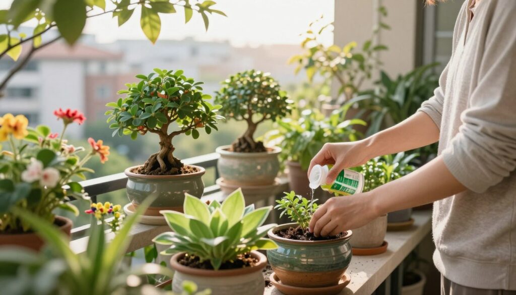 A serene balcony scene showcasing the nurturing of potted plants. In the foreground, a person dressed in modest casual clothing meticulously applies organic fertilizer to vibrant green plants in stylish ceramic pots. The middle ground features a variety of mini trees, such as bonsai, arranged neatly on the balcony, surrounded by lush foliage and colorful flowers. In the background, a sunlit urban landscape can be seen, with soft sunlight filtering through an overhanging canopy, creating a warm and inviting atmosphere. The focus should be on the act of fertilizing, emphasizing care and attention to horticulture. Soft, natural lighting enhances the scene, with a shallow depth of field to highlight the foreground and a tranquil, fresh mood throughout the composition. A serene balcony scene showcasing the nurturing of potted plants. In the foreground, a person dressed in modest casual clothing meticulously applies organic fertilizer to vibrant green plants in stylish ceramic pots. The middle ground features a variety of mini trees, such as bonsai, arranged neatly on the balcony, surrounded by lush foliage and colorful flowers. In the background, a sunlit urban landscape can be seen, with soft sunlight filtering through an overhanging canopy, creating a warm and inviting atmosphere. The focus should be on the act of fertilizing, emphasizing care and attention to horticulture. Soft, natural lighting enhances the scene, with a shallow depth of field to highlight the foreground and a tranquil, fresh mood throughout the composition.
