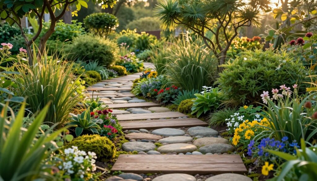 A serene garden path made of natural materials, winding gracefully through lush greenery. In the foreground, detailed wooden stepping stones interspersed with smooth, flat field stones create a rustic pathway surrounded by vibrant flowering plants and soft moss. The middle ground features tall, leafy shrubs and a few ornamental trees, their branches swaying gently in a light breeze. The background reveals a soft-focus view of a sunlit garden, bathed in warm, golden hour light, enhancing the richness of the colors. The atmosphere is tranquil and inviting, evoking a sense of harmony with nature. Use a wide-angle lens to capture the depth of the scene, highlighting the intricate details of the path and the lush surroundings. A serene garden path made of natural materials, winding gracefully through lush greenery. In the foreground, detailed wooden stepping stones interspersed with smooth, flat field stones create a rustic pathway surrounded by vibrant flowering plants and soft moss. The middle ground features tall, leafy shrubs and a few ornamental trees, their branches swaying gently in a light breeze. The background reveals a soft-focus view of a sunlit garden, bathed in warm, golden hour light, enhancing the richness of the colors. The atmosphere is tranquil and inviting, evoking a sense of harmony with nature. Use a wide-angle lens to capture the depth of the scene, highlighting the intricate details of the path and the lush surroundings.