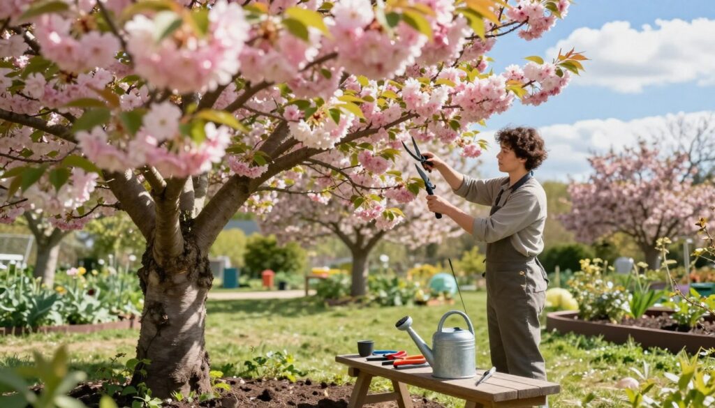 A serene garden scene dedicated to cherry tree care, featuring a gardener in modest casual attire gently pruning a blossoming cherry tree. In the foreground, vibrant pink and white cherry blossoms create a stunning visual contrast against lush green leaves. The middle ground showcases gardening tools, such as pruning shears and a watering can, neatly arranged on a wooden bench, surrounded by rich soil and garden beds. The background highlights a clear blue sky with soft, fluffy clouds, enhancing the tranquil atmosphere. Bright, natural lighting casts gentle shadows, creating a peaceful and nurturing vibe, ideal for illustrating cherry tree care in spring. The image captures the essence of gardening and the beauty of cherry blossoms in full bloom.