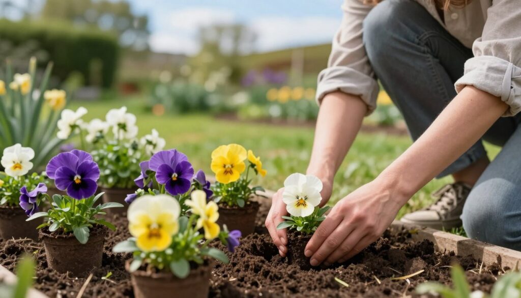 A serene garden scene depicting a person gently planting pansies in rich, dark soil. In the foreground, vibrant pansies in various colors—purple, yellow, and white—are nestled in their pots, while the gardener, dressed in modest gardening attire, is kneeling and carefully placing the flowers into the ground. In the middle ground, a garden bed is framed by lush greenery and soft, fresh grass. The background features a soft-focus view of trees and a clear blue sky, suggesting a bright day with gentle sunlight illuminating the scene. The atmosphere is calm and nurturing, capturing the essence of springtime gardening. The focus is on the act of planting, with shallow depth of field enhancing the intimate, peaceful mood. A serene garden scene depicting a person gently planting pansies in rich, dark soil. In the foreground, vibrant pansies in various colors—purple, yellow, and white—are nestled in their pots, while the gardener, dressed in modest gardening attire, is kneeling and carefully placing the flowers into the ground. In the middle ground, a garden bed is framed by lush greenery and soft, fresh grass. The background features a soft-focus view of trees and a clear blue sky, suggesting a bright day with gentle sunlight illuminating the scene. The atmosphere is calm and nurturing, capturing the essence of springtime gardening. The focus is on the act of planting, with shallow depth of field enhancing the intimate, peaceful mood.