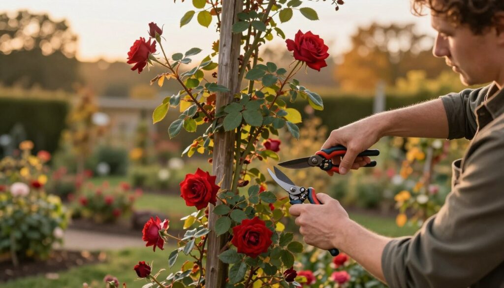 A serene garden scene depicting the careful pruning of climbing roses during late autumn. In the foreground, a skilled gardener dressed in modest casual clothing gently trims vibrant, red climbing rose branches with sharp pruning shears, expertly shaping the plant. The midsection features a lush rose trellis, adorned with lush green leaves and the last few blooming flowers, capturing the essence of the season's transition. The background showcases a soft-focus garden landscape, blending in hues of gold and brown, indicative of autumn. Warm, golden hour lighting casts a gentle glow over the scene, creating a tranquil atmosphere. The image evokes a sense of careful preparation for winter, reflecting the delicacy and risk of the pruning process in a professional yet calm setting.