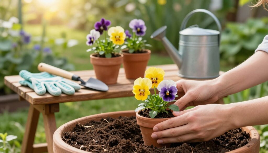 A serene garden scene depicting the step-by-step process of planting pansies in pots. In the foreground, a pair of hands gently placing vibrant yellow and purple pansy seedlings into terracotta pots, surrounded by rich brown soil. In the middle ground, a small wooden table holds gardening tools—small trowel, gloves, and watering can—suggesting an organized planting space. The background features a lush green garden, with dappled sunlight filtering through leaves, creating a warm and inviting atmosphere. Soft focus on the background to bring attention to the planting action. The overall mood is peaceful and focused, perfect for gardening enthusiasts. A serene garden scene depicting the step-by-step process of planting pansies in pots. In the foreground, a pair of hands gently placing vibrant yellow and purple pansy seedlings into terracotta pots, surrounded by rich brown soil. In the middle ground, a small wooden table holds gardening tools—small trowel, gloves, and watering can—suggesting an organized planting space. The background features a lush green garden, with dappled sunlight filtering through leaves, creating a warm and inviting atmosphere. Soft focus on the background to bring attention to the planting action. The overall mood is peaceful and focused, perfect for gardening enthusiasts.
