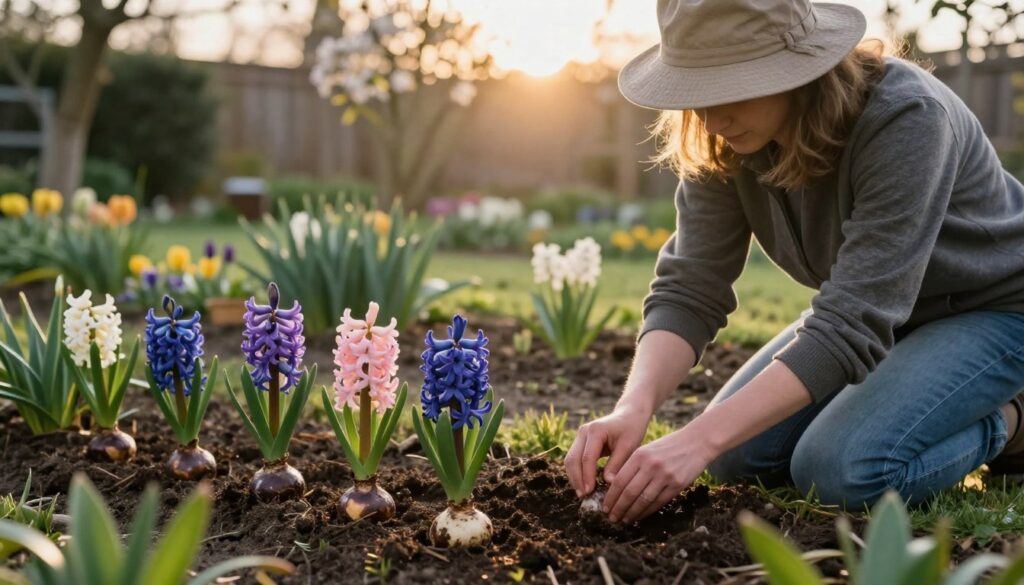 A serene garden scene during the early morning light, depicting a person kneeling in rich, dark soil as they plant fragrant hyacinth bulbs. In the foreground, vibrant bulbs with earthy tones are nestled into the ground, while the gardener wears modest casual clothing and a sun hat, focused on their task. In the middle ground, lush green foliage and emerging spring flowers surround the planting area, indicating the transition from winter to spring. In the background, a soft-focus view of a garden fence and flowering trees bathed in golden sunlight adds warmth and depth to the scene. The overall atmosphere is tranquil and inviting, evoking a sense of hope and renewal.