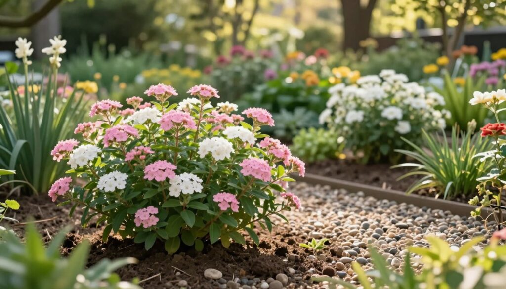 A serene garden scene featuring Japanese spiraea (tawuła japońska) prominently in the foreground, showcasing its delicate pink and white flowers in full bloom. The plant exhibits lush green foliage, with various heights to depict a natural landscape. In the middle ground, a well-drained, loamy soil is depicted, lightly textured with pebbles, indicating optimal planting conditions. Surrounding the spiraea are complementary plants and grasses, enhancing the vibrant colors. The background features a softly blurred view of a sunlit garden, with gentle bokeh effects capturing dappled sunlight filtering through trees. The scene is warm and inviting, with a tranquil atmosphere that suggests a perfect environment for growth. The lighting is natural and bright, resembling early afternoon sunlight, emphasizing the healthy vitality of the plants. A serene garden scene featuring Japanese spiraea (tawuła japońska) prominently in the foreground, showcasing its delicate pink and white flowers in full bloom. The plant exhibits lush green foliage, with various heights to depict a natural landscape. In the middle ground, a well-drained, loamy soil is depicted, lightly textured with pebbles, indicating optimal planting conditions. Surrounding the spiraea are complementary plants and grasses, enhancing the vibrant colors. The background features a softly blurred view of a sunlit garden, with gentle bokeh effects capturing dappled sunlight filtering through trees. The scene is warm and inviting, with a tranquil atmosphere that suggests a perfect environment for growth. The lighting is natural and bright, resembling early afternoon sunlight, emphasizing the healthy vitality of the plants.
