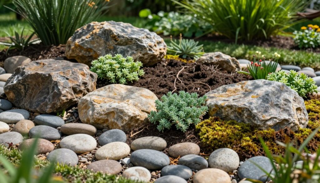 A serene garden scene featuring a beautifully arranged rock garden (skalniak) that showcases a variety of carefully selected stones and a natural-looking substrate. In the foreground, smooth river stones and rugged boulders create texture and interest, interspersed with vibrant alpine plants like sedums and moss. The middle ground includes gently sloping soil that appears rich and well-drained, enhancing the naturalistic vibe of the design. In the background, soft, blurred greenery provides a lush contrast, framing the rock garden. The sunlight filters through soft clouds, casting gentle shadows that give depth to the scene. The atmosphere is tranquil and inviting, embodying the essence of easy maintenance and natural beauty in landscaping. Use a slightly elevated angle to capture the full layout artistically. A serene garden scene featuring a beautifully arranged rock garden (skalniak) that showcases a variety of carefully selected stones and a natural-looking substrate. In the foreground, smooth river stones and rugged boulders create texture and interest, interspersed with vibrant alpine plants like sedums and moss. The middle ground includes gently sloping soil that appears rich and well-drained, enhancing the naturalistic vibe of the design. In the background, soft, blurred greenery provides a lush contrast, framing the rock garden. The sunlight filters through soft clouds, casting gentle shadows that give depth to the scene. The atmosphere is tranquil and inviting, embodying the essence of easy maintenance and natural beauty in landscaping. Use a slightly elevated angle to capture the full layout artistically.