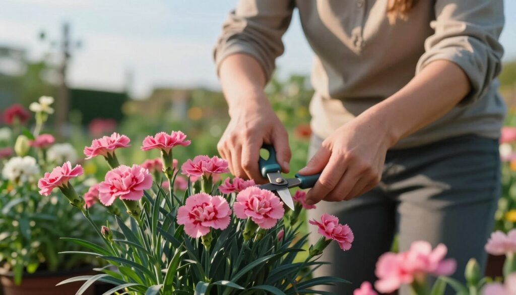 A serene garden scene featuring a close-up of a gardener carefully trimming vibrant perennial pink carnations, known as goździki, with sharp shears. In the foreground, focus on the lush green leaves and colorful flowers in full bloom, illustrating the precise cutting technique. The middle section reveals the gardener, dressed in modest, casual clothing, intently focused on the task, showcasing concentration and care. The background is a softly blurred array of other flowering plants and a blue sky, adding depth and tranquility to the scene. The lighting is warm and inviting, capturing the essence of a bright afternoon. Emphasize the mood of nurturing and growth, symbolizing the secrets of pruning for abundant blooming. A serene garden scene featuring a close-up of a gardener carefully trimming vibrant perennial pink carnations, known as goździki, with sharp shears. In the foreground, focus on the lush green leaves and colorful flowers in full bloom, illustrating the precise cutting technique. The middle section reveals the gardener, dressed in modest, casual clothing, intently focused on the task, showcasing concentration and care. The background is a softly blurred array of other flowering plants and a blue sky, adding depth and tranquility to the scene. The lighting is warm and inviting, capturing the essence of a bright afternoon. Emphasize the mood of nurturing and growth, symbolizing the secrets of pruning for abundant blooming.