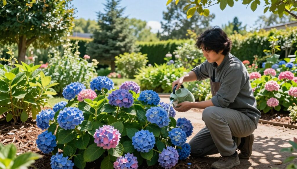 A serene garden scene featuring a gardener gently watering vibrant blue and pink hydrangeas. In the foreground, the gardener, dressed in modest casual clothing, kneels beside a lush patch of blooming hydrangeas, their saturated colors contrasting beautifully with the rich green leaves. The middle ground showcases a variety of well-tended shrubs and flower beds, highlighting healthy soil covered with organic mulch. In the background, softly blurred trees and a clear blue sky create a peaceful, natural atmosphere. The sunlight filters through the leaves, casting gentle shadows and illuminating the flowers, enhancing their colors and details. The mood is tranquil and nurturing, evoking a sense of care for the garden. A serene garden scene featuring a gardener gently watering vibrant blue and pink hydrangeas. In the foreground, the gardener, dressed in modest casual clothing, kneels beside a lush patch of blooming hydrangeas, their saturated colors contrasting beautifully with the rich green leaves. The middle ground showcases a variety of well-tended shrubs and flower beds, highlighting healthy soil covered with organic mulch. In the background, softly blurred trees and a clear blue sky create a peaceful, natural atmosphere. The sunlight filters through the leaves, casting gentle shadows and illuminating the flowers, enhancing their colors and details. The mood is tranquil and nurturing, evoking a sense of care for the garden.