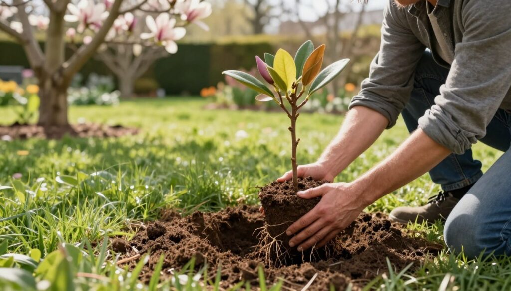 A serene garden scene featuring a gardener in modest casual clothing gently transplanting a young magnolia tree from a pot into a rich, loamy soil. In the foreground, the gardener carefully holds the root ball of the magnolia, displaying the intricate root system. The middle ground showcases the newly dug planting hole surrounded by lush green grass. The background reveals a beautifully landscaped garden with blooming magnolia trees and soft sunlight filtering through leaves, creating a warm atmosphere. The image captures a sense of care and attention as the gardener performs this important task, focusing on the delicate handling of the plant. The lighting is natural, highlighting the vibrant colors of the plants and earth, shot from a slightly elevated angle for depth. A serene garden scene featuring a gardener in modest casual clothing gently transplanting a young magnolia tree from a pot into a rich, loamy soil. In the foreground, the gardener carefully holds the root ball of the magnolia, displaying the intricate root system. The middle ground showcases the newly dug planting hole surrounded by lush green grass. The background reveals a beautifully landscaped garden with blooming magnolia trees and soft sunlight filtering through leaves, creating a warm atmosphere. The image captures a sense of care and attention as the gardener performs this important task, focusing on the delicate handling of the plant. The lighting is natural, highlighting the vibrant colors of the plants and earth, shot from a slightly elevated angle for depth.