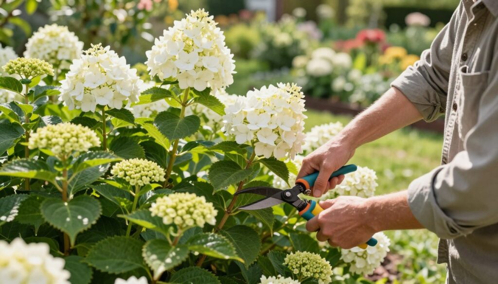 A serene garden scene featuring a gardener pruning a Hydrangea Annabelle plant, showcasing the process of cutting back the stems to encourage strong growth. In the foreground, focus on the gardener dressed in modest casual clothing, carefully handling pruning shears, with lush green leaves and budding flower clusters around. In the middle ground, display the vibrant white blooms of Hydrangea Annabelle, emphasizing their size and fullness. The background should consist of a soft-focus, sunny garden landscape dotted with other blooming plants, evoking a sense of harmony and growth. Use warm, natural lighting to convey a sunny, pleasant afternoon atmosphere, shot from a slightly elevated angle to capture the beauty of both the gardener and the flowers. A serene garden scene featuring a gardener pruning a Hydrangea Annabelle plant, showcasing the process of cutting back the stems to encourage strong growth. In the foreground, focus on the gardener dressed in modest casual clothing, carefully handling pruning shears, with lush green leaves and budding flower clusters around. In the middle ground, display the vibrant white blooms of Hydrangea Annabelle, emphasizing their size and fullness. The background should consist of a soft-focus, sunny garden landscape dotted with other blooming plants, evoking a sense of harmony and growth. Use warm, natural lighting to convey a sunny, pleasant afternoon atmosphere, shot from a slightly elevated angle to capture the beauty of both the gardener and the flowers.