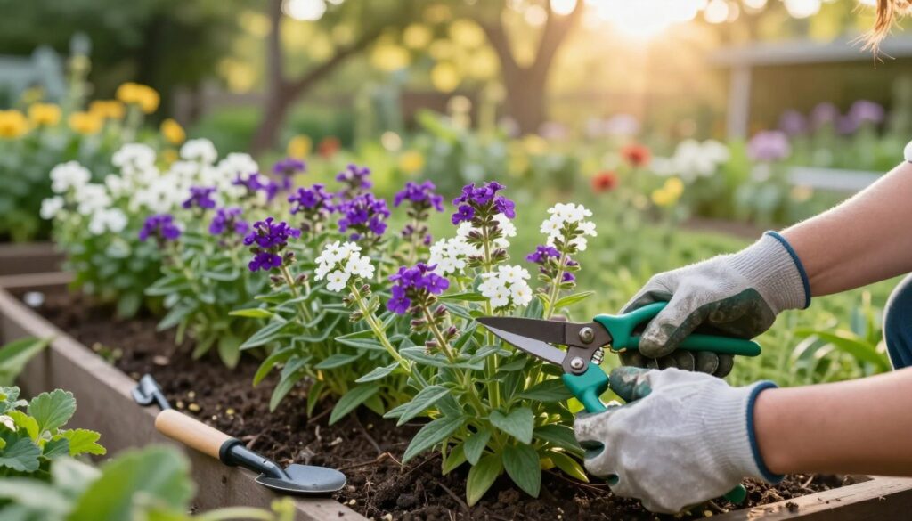 A serene garden scene featuring a knowledgeable gardener carefully pruning vibrant verbena plants. In the foreground, a pair of hands in modest gardening gloves hold pruning shears, expertly snipping back lush, green stems adorned with clusters of purple and white flowers. The middle ground shows a well-tended garden bed with healthy verbena plants, their colors rich and vivid, surrounded by neatly organized gardening tools. In the background, soft sunlight filters through leafy trees, casting a warm glow across the scene, enhancing the tranquility of the moment. The atmosphere is one of calmness and focus, symbolizing the practical advice of pruning for healthier growth.