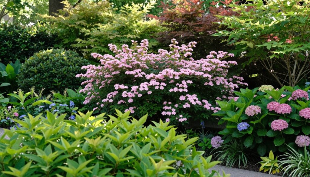A serene garden scene featuring a lush backdrop of diverse shrubs, perfectly framing a graceful Spiraea japonica (Japanese spiraea) in full bloom. In the foreground, clusters of vibrant green foliage create depth, while the middle ground showcases the delicate pink flowers of the Spiraea mingling with various complementary shrubs like hydrangeas and boxwoods. In the background, soft sunlight filters through the leaves, casting gentle shadows and enhancing the natural colors. The scene is captured with a wide-angle lens to emphasize the harmony of the composition, evoking a tranquil and cohesive atmosphere. Ideal for illustrating the theme of creating an appealing garden layout.