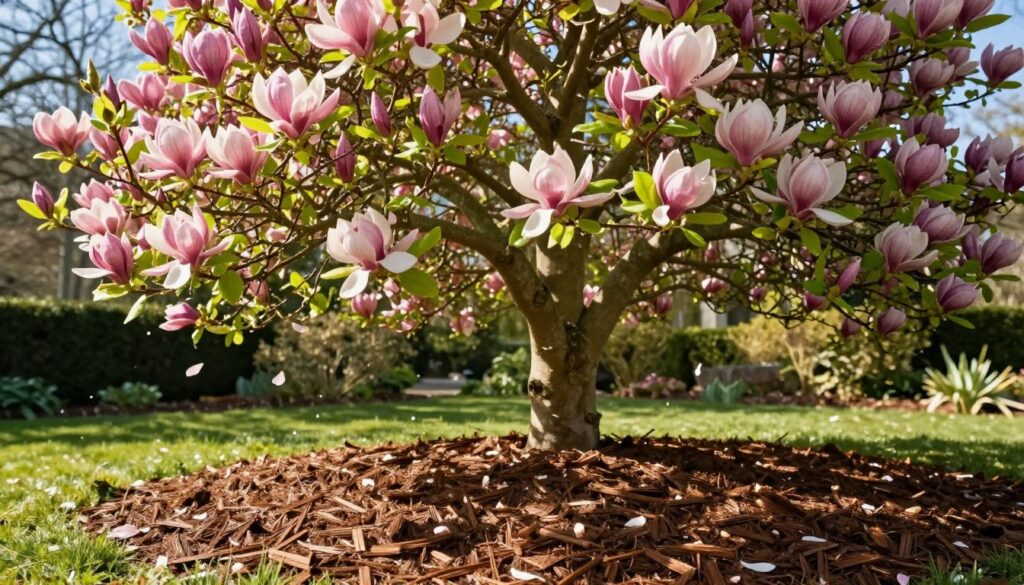 A serene garden scene featuring a magnolia tree in full bloom, surrounded by a fresh layer of mulch. In the foreground, rich brown mulch is artfully spread around the base of the majestic magnolia, showcasing its vibrant pink and white blossoms. The middle ground highlights the lush green leaves that frame the tree, with a gentle breeze causing a few petals to fall. In the background, soft sunlight filters through a clear blue sky, casting warm, dappled light across the scene. The atmosphere is tranquil and inviting, ideal for a gardening article. The image is captured from a low angle, focusing on the vibrant colors and textures, enhancing the beauty of the magnolia and its care through mulching. A serene garden scene featuring a magnolia tree in full bloom, surrounded by a fresh layer of mulch. In the foreground, rich brown mulch is artfully spread around the base of the majestic magnolia, showcasing its vibrant pink and white blossoms. The middle ground highlights the lush green leaves that frame the tree, with a gentle breeze causing a few petals to fall. In the background, soft sunlight filters through a clear blue sky, casting warm, dappled light across the scene. The atmosphere is tranquil and inviting, ideal for a gardening article. The image is captured from a low angle, focusing on the vibrant colors and textures, enhancing the beauty of the magnolia and its care through mulching.