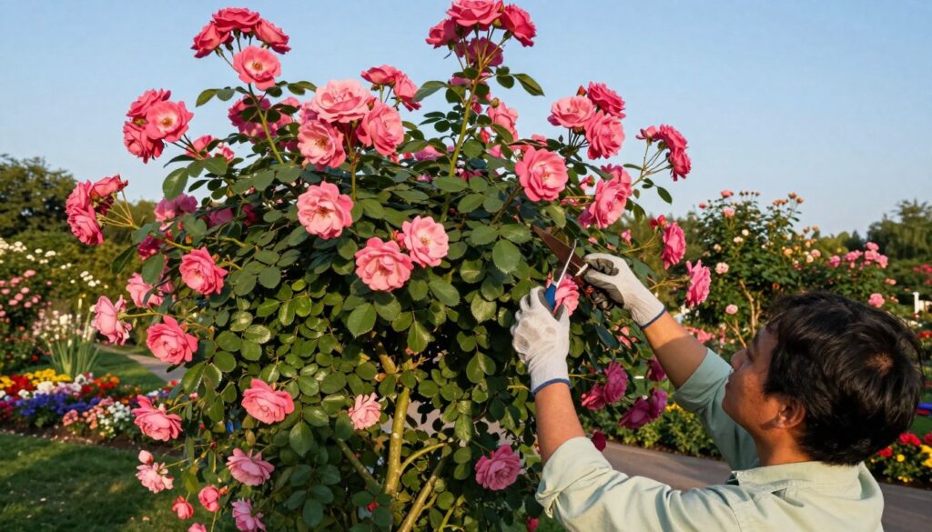 A serene garden scene featuring a skilled gardener pruning the crown of a young tree rose. In the foreground, the gardener, dressed in a light green shirt and protective gloves, carefully trims vibrant pink roses, ensuring a balanced and harmonious shape. The middle ground showcases the lush foliage of the rose tree, fully in bloom, with delicate petals glistening in the soft afternoon light. In the background, a well-maintained flower bed with various colorful blooms complements the scene, while a clear blue sky illuminates the garden. The atmosphere is calm and nurturing, with warm sunlight enhancing the vivid colors and casting gentle shadows, creating a peaceful, horticultural vibe. Capture this moment from a slightly elevated angle to emphasize the interaction between the gardener and the roses. A serene garden scene featuring a skilled gardener pruning the crown of a young tree rose. In the foreground, the gardener, dressed in a light green shirt and protective gloves, carefully trims vibrant pink roses, ensuring a balanced and harmonious shape. The middle ground showcases the lush foliage of the rose tree, fully in bloom, with delicate petals glistening in the soft afternoon light. In the background, a well-maintained flower bed with various colorful blooms complements the scene, while a clear blue sky illuminates the garden. The atmosphere is calm and nurturing, with warm sunlight enhancing the vivid colors and casting gentle shadows, creating a peaceful, horticultural vibe. Capture this moment from a slightly elevated angle to emphasize the interaction between the gardener and the roses.