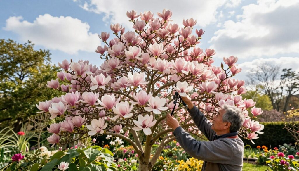 A serene garden scene focused on a beautifully blooming magnolia tree showcasing its large, delicate flowers in soft shades of pink and white. In the foreground, a knowledgeable gardener in modest casual clothing is gently pruning the tree, thoughtfully examining the branches. The middle ground features lush green foliage and smaller flowering plants, enhancing the vibrant colors of the magnolia blossoms. The background captures a bright, sunny sky with fluffy white clouds, creating an uplifting atmosphere. The lighting is warm and inviting, emphasizing the beauty of the magnolia without harsh shadows. The camera angle is slightly low, offering an intimate perspective on the magnolia tree, conveying the importance of proper pruning at the right time to maintain its health and appearance. A serene garden scene focused on a beautifully blooming magnolia tree showcasing its large, delicate flowers in soft shades of pink and white. In the foreground, a knowledgeable gardener in modest casual clothing is gently pruning the tree, thoughtfully examining the branches. The middle ground features lush green foliage and smaller flowering plants, enhancing the vibrant colors of the magnolia blossoms. The background captures a bright, sunny sky with fluffy white clouds, creating an uplifting atmosphere. The lighting is warm and inviting, emphasizing the beauty of the magnolia without harsh shadows. The camera angle is slightly low, offering an intimate perspective on the magnolia tree, conveying the importance of proper pruning at the right time to maintain its health and appearance.