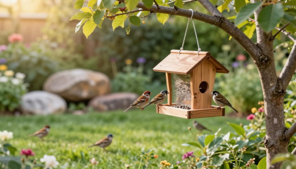 A serene garden scene focused on a bird feeder surrounded by vibrant greenery, emphasizing safety for visiting birds. In the foreground, a stylish, wooden bird feeder hangs from a sturdy tree branch, laden with seeds. Beneath the feeder, a variety of colorful birds, such as finches and sparrows, flutter comfortably. The middle ground features a soft, grassy area with a few decorative rocks for shelter, creating a cozy habitat. In the background, lush foliage and flowering plants softly blur into a warm, golden sunlight filtering through the leaves, enhancing the tranquil mood. The angle is slightly elevated, capturing both the feeder and the birds in a gentle, inviting atmosphere, all while ensuring the absence of any humans or distractions.