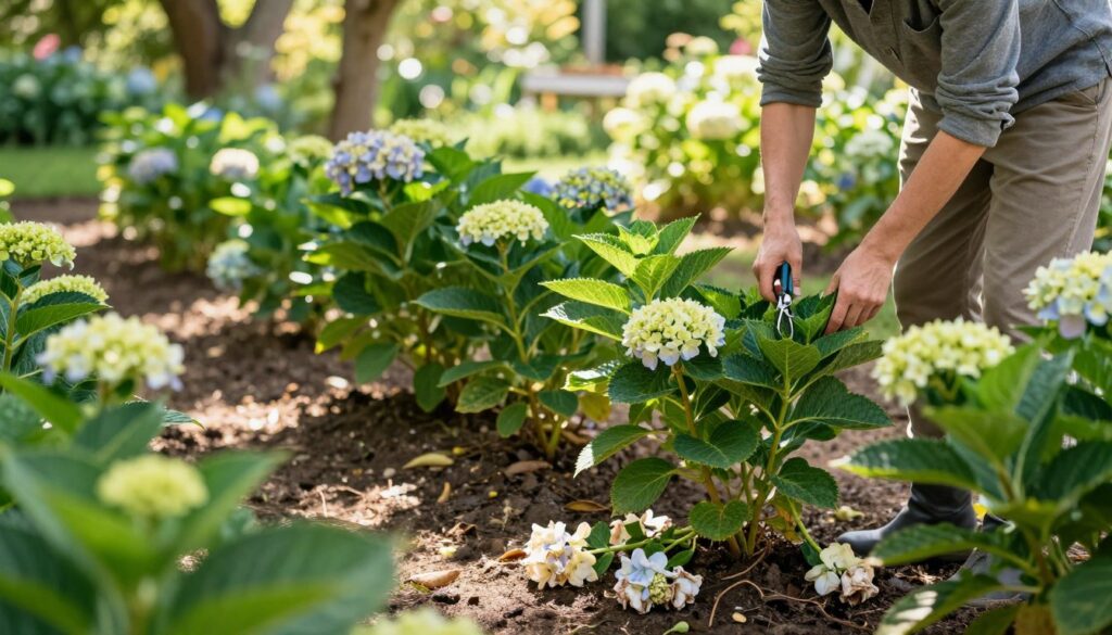 A serene garden scene focusing on a gardener carefully tending to freshly pruned Annabelle hydrangeas. In the foreground, vibrant green leaves and delicate, wilted flowers lie scattered on the ground, evoking a sense of care and attention. The gardener, dressed in modest casual attire, employs pruning shears while inspecting the strong new shoots of the hydrangea plants. The middle ground features neatly arranged rows of hydrangeas, showcasing their lush foliage and hints of upcoming blooms. Soft, warm sunlight filters through a gentle canopy of trees above, casting dappled shadows across the garden bed. The background reveals a peaceful garden landscape, emphasizing the tranquil atmosphere dedicated to nurturing these beautiful flowers. The overall mood conveys the importance of post-pruning care in encouraging healthy growth and vibrant blooms. A serene garden scene focusing on a gardener carefully tending to freshly pruned Annabelle hydrangeas. In the foreground, vibrant green leaves and delicate, wilted flowers lie scattered on the ground, evoking a sense of care and attention. The gardener, dressed in modest casual attire, employs pruning shears while inspecting the strong new shoots of the hydrangea plants. The middle ground features neatly arranged rows of hydrangeas, showcasing their lush foliage and hints of upcoming blooms. Soft, warm sunlight filters through a gentle canopy of trees above, casting dappled shadows across the garden bed. The background reveals a peaceful garden landscape, emphasizing the tranquil atmosphere dedicated to nurturing these beautiful flowers. The overall mood conveys the importance of post-pruning care in encouraging healthy growth and vibrant blooms.