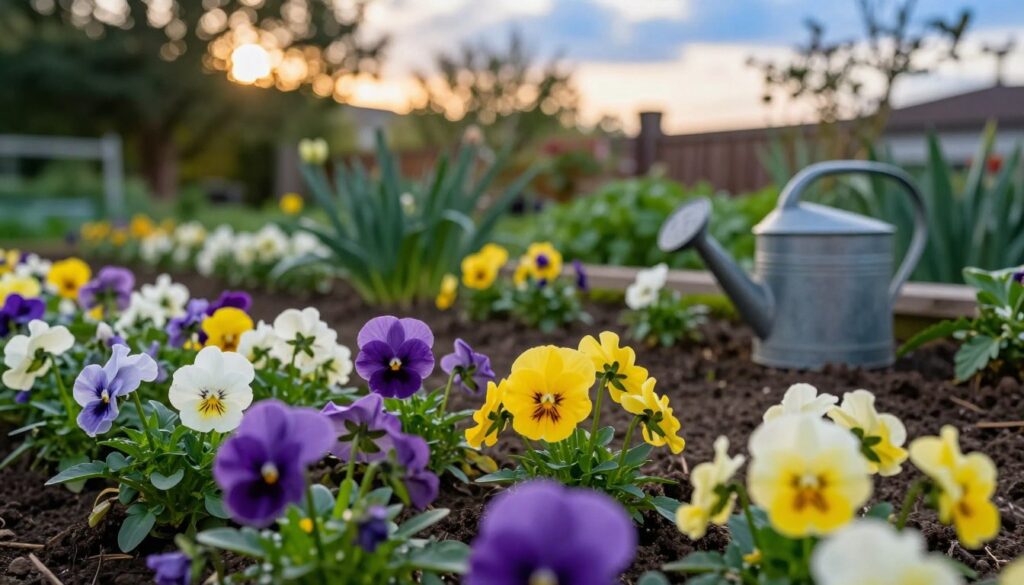 A serene garden scene focusing on optimal conditions for growing pansies. Foreground: A lush bed of vibrant pansies in various colors—purple, yellow, and white—blooming abundantly, showcasing their delicate petals. Middle ground: A well-maintained garden featuring rich, dark soil, surrounded by lush green foliage and a watering can, hinting at nurturing care. Background: Soft sunlight filtering through trees, casting a warm glow over the scene, with a blue sky gently transitioning to a golden hour hue. The overall atmosphere captures tranquility, emphasizing the beauty and care needed for healthy pansy cultivation, perfect for a garden or balcony setting. The lighting is soft and inviting, conveying a sense of joy and nature's splendor. A serene garden scene focusing on optimal conditions for growing pansies. Foreground: A lush bed of vibrant pansies in various colors—purple, yellow, and white—blooming abundantly, showcasing their delicate petals. Middle ground: A well-maintained garden featuring rich, dark soil, surrounded by lush green foliage and a watering can, hinting at nurturing care. Background: Soft sunlight filtering through trees, casting a warm glow over the scene, with a blue sky gently transitioning to a golden hour hue. The overall atmosphere captures tranquility, emphasizing the beauty and care needed for healthy pansy cultivation, perfect for a garden or balcony setting. The lighting is soft and inviting, conveying a sense of joy and nature's splendor.