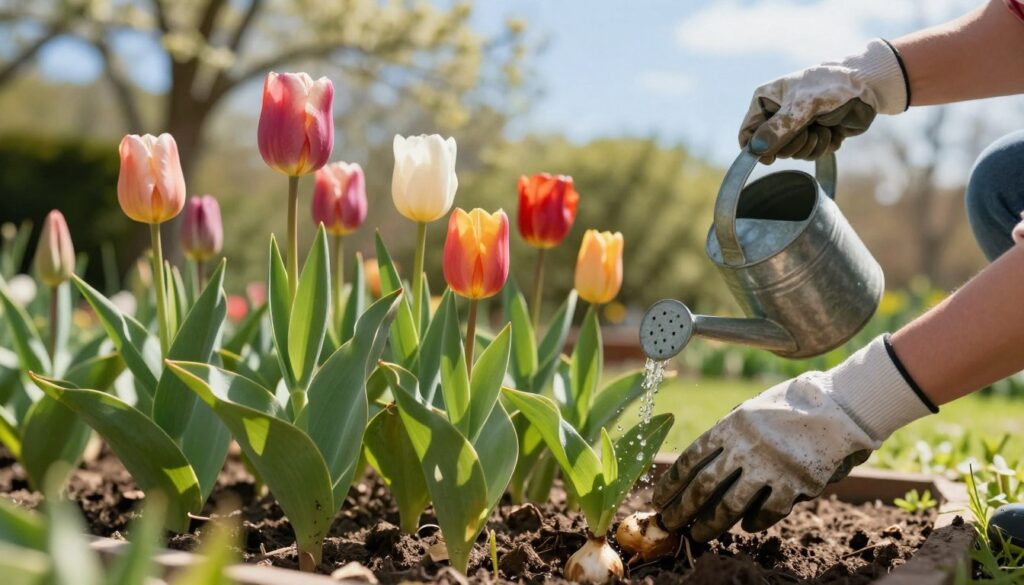 A serene garden scene focusing on the care of tulip bulb offsets. In the foreground, a pair of hands gently tending to lush green leaves, carefully watering the young plants with a small watering can. The hands are well-groomed, wearing modest gardening gloves. In the middle ground, several clusters of vibrant tulips in various colors, showcasing their blooming stages. The background features soft, out-of-focus leafy trees and a clear blue sky, creating a tranquil atmosphere. Warm sunlight bathes the scene, casting gentle shadows that enhance the richness of the colors. The mood is one of nurturing and growth, embodying the essence of plant care.