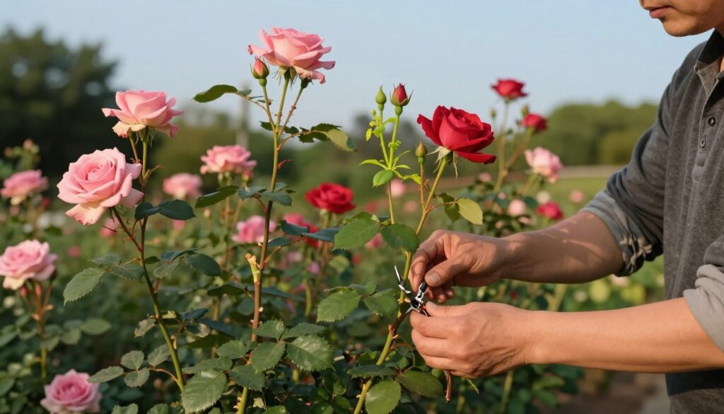 A serene garden scene focusing on the meticulous care of climbing roses after pruning. In the foreground, a gardener in modest casual clothing gently tending to the freshly cut rose bushes, showcasing vibrant green leaves and newly exposed stems. The middle ground features an array of beautifully bloomed climbing roses, their petals in shades of soft pink and deep red, with a few fresh green shoots emerging, symbolizing growth. The background consists of softly blurred garden greenery and a clear blue sky, creating a tranquil atmosphere. The lighting is warm and golden, indicating late afternoon, with a focus on highlighting the delicate textures of the roses and the gardener's attentive actions. The overall mood conveys a sense of nurturing and hope for future blooms. A serene garden scene focusing on the meticulous care of climbing roses after pruning. In the foreground, a gardener in modest casual clothing gently tending to the freshly cut rose bushes, showcasing vibrant green leaves and newly exposed stems. The middle ground features an array of beautifully bloomed climbing roses, their petals in shades of soft pink and deep red, with a few fresh green shoots emerging, symbolizing growth. The background consists of softly blurred garden greenery and a clear blue sky, creating a tranquil atmosphere. The lighting is warm and golden, indicating late afternoon, with a focus on highlighting the delicate textures of the roses and the gardener's attentive actions. The overall mood conveys a sense of nurturing and hope for future blooms.