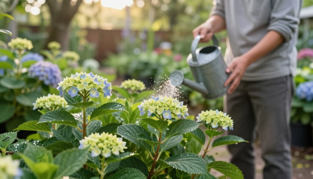 A serene garden scene focusing on young hydrangea plants, showcasing their lush green leaves and vibrant blooms. In the foreground, the delicate textures of the leaves are highlighted with morning dew glistening in soft sunlight. The middle ground features a gardener in modest casual attire, gently watering the hydrangeas with a metal watering can, emphasizing care and nurturing. The background includes a blurred view of other flowering plants and soft, diffused light filtering through trees, creating an inviting and peaceful atmosphere. The image captures the essence of young plant care, conveying growth, tranquility, and the beauty of nature. Use a close-up lens to emphasize the details, with a warm color palette enhancing the nurturing spirit of the scene. A serene garden scene focusing on young hydrangea plants, showcasing their lush green leaves and vibrant blooms. In the foreground, the delicate textures of the leaves are highlighted with morning dew glistening in soft sunlight. The middle ground features a gardener in modest casual attire, gently watering the hydrangeas with a metal watering can, emphasizing care and nurturing. The background includes a blurred view of other flowering plants and soft, diffused light filtering through trees, creating an inviting and peaceful atmosphere. The image captures the essence of young plant care, conveying growth, tranquility, and the beauty of nature. Use a close-up lens to emphasize the details, with a warm color palette enhancing the nurturing spirit of the scene.