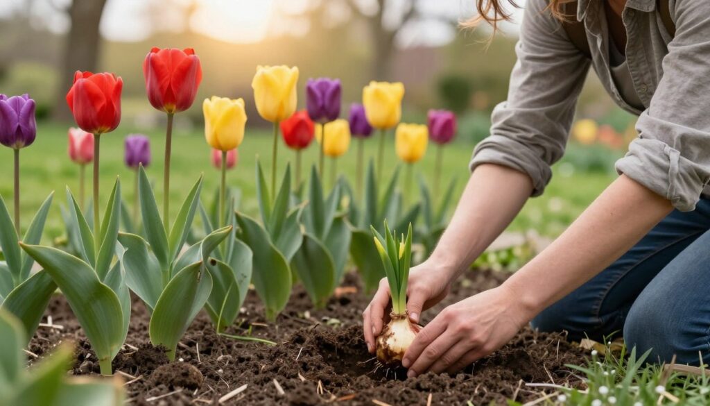 A serene garden scene set in spring, featuring a gardener gently digging up tulip bulbs from rich, dark soil. In the foreground, the gardener, dressed in modest casual clothing, is kneeling, carefully holding a bulb with green leaves sprouting. The middle ground showcases a vibrant array of blooming tulips in varying colors—red, yellow, and purple—still standing tall before the bulbs are harvested. The background displays a picturesque landscape of soft green grass and distant trees bathed in warm, soft sunlight, creating an inviting atmosphere. The angle should emphasize the action of bulb extraction, capturing both the gardener's focused expression and the beautiful tulips, with a slight bokeh effect on the background for depth. A serene garden scene set in spring, featuring a gardener gently digging up tulip bulbs from rich, dark soil. In the foreground, the gardener, dressed in modest casual clothing, is kneeling, carefully holding a bulb with green leaves sprouting. The middle ground showcases a vibrant array of blooming tulips in varying colors—red, yellow, and purple—still standing tall before the bulbs are harvested. The background displays a picturesque landscape of soft green grass and distant trees bathed in warm, soft sunlight, creating an inviting atmosphere. The angle should emphasize the action of bulb extraction, capturing both the gardener's focused expression and the beautiful tulips, with a slight bokeh effect on the background for depth.