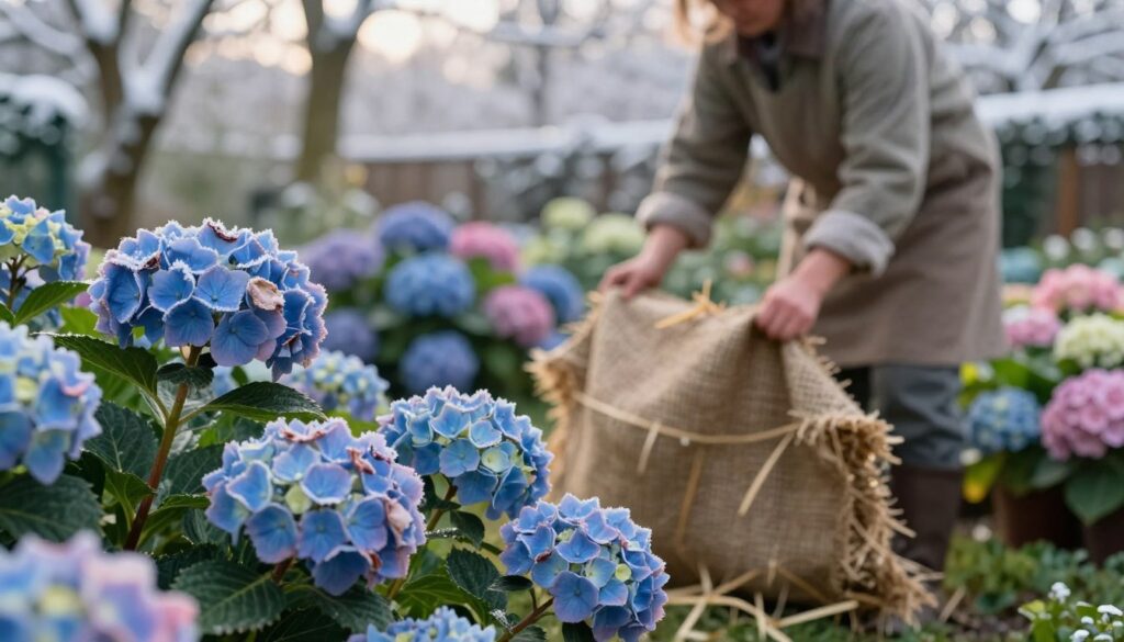 A serene garden scene showcasing a variety of hydrangeas being protected for winter. In the foreground, a close-up of vibrant blue and pink hydrangeas, their blossoms slightly wilted by the chill, with frost lightly dusting their edges. The middle ground features a gardener, dressed in a warm, modest outfit, gently covering the hydrangeas with burlap and straw, demonstrating the careful process of winter preparation. In the background, snow-covered trees glisten under soft, diffused sunlight, creating a tranquil and protective atmosphere. The composition should employ a shallow depth of field to emphasize the subject, with a soft focus on the distant landscape. The overall mood is calm, highlighting the importance of winter protection for these delicate flowers. A serene garden scene showcasing a variety of hydrangeas being protected for winter. In the foreground, a close-up of vibrant blue and pink hydrangeas, their blossoms slightly wilted by the chill, with frost lightly dusting their edges. The middle ground features a gardener, dressed in a warm, modest outfit, gently covering the hydrangeas with burlap and straw, demonstrating the careful process of winter preparation. In the background, snow-covered trees glisten under soft, diffused sunlight, creating a tranquil and protective atmosphere. The composition should employ a shallow depth of field to emphasize the subject, with a soft focus on the distant landscape. The overall mood is calm, highlighting the importance of winter protection for these delicate flowers.