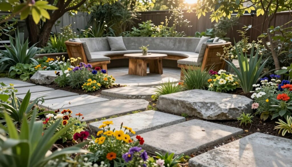 A serene garden scene showcasing creatively repurposed concrete sidewalk slabs as unique design elements. In the foreground, a variety of colorful flowers and lush greenery bloom around the textured, weathered slabs, which are arranged artistically as stepping stones and plant beds. In the middle, a cozy seating area with rustic wooden furniture enhances the DIY aesthetic, harmonizing with the concrete. The background features soft sunlight filtering through leafy trees, casting gentle shadows and creating a warm, inviting atmosphere. The composition captures a serene, harmonious blend of natural beauty and creative urban repurposing, evoking a sense of tranquility and inspiration for DIY garden projects. The image is well-lit, with an emphasis on natural light, and seen from a slightly elevated angle to provide depth. A serene garden scene showcasing creatively repurposed concrete sidewalk slabs as unique design elements. In the foreground, a variety of colorful flowers and lush greenery bloom around the textured, weathered slabs, which are arranged artistically as stepping stones and plant beds. In the middle, a cozy seating area with rustic wooden furniture enhances the DIY aesthetic, harmonizing with the concrete. The background features soft sunlight filtering through leafy trees, casting gentle shadows and creating a warm, inviting atmosphere. The composition captures a serene, harmonious blend of natural beauty and creative urban repurposing, evoking a sense of tranquility and inspiration for DIY garden projects. The image is well-lit, with an emphasis on natural light, and seen from a slightly elevated angle to provide depth.