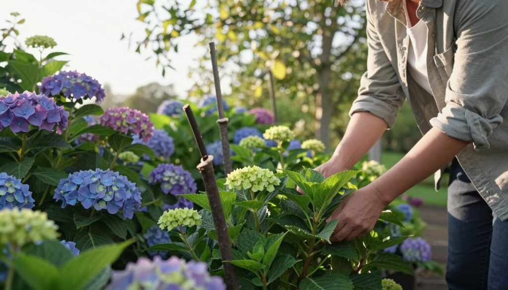 A serene garden scene showcasing the care of hydrangeas after pruning treatments. In the foreground, a gardener in smart casual attire gently tends to freshly cut hydrangea bushes, carefully checking for new growth. The middle ground features a variety of hydrangea species in vibrant colors, some in full bloom, others displaying cut branches, symbolizing the different pruning times. In the background, a soft-focus view of a bright sky peeking through leafy trees, creating a calm and nurturing atmosphere. Soft, warm sunlight casts gentle shadows, enhancing the tranquil mood of post-pruning plant care. The angle is slightly elevated, capturing the natural beauty of the scene while emphasizing the care and attention given to the plants. A serene garden scene showcasing the care of hydrangeas after pruning treatments. In the foreground, a gardener in smart casual attire gently tends to freshly cut hydrangea bushes, carefully checking for new growth. The middle ground features a variety of hydrangea species in vibrant colors, some in full bloom, others displaying cut branches, symbolizing the different pruning times. In the background, a soft-focus view of a bright sky peeking through leafy trees, creating a calm and nurturing atmosphere. Soft, warm sunlight casts gentle shadows, enhancing the tranquil mood of post-pruning plant care. The angle is slightly elevated, capturing the natural beauty of the scene while emphasizing the care and attention given to the plants.