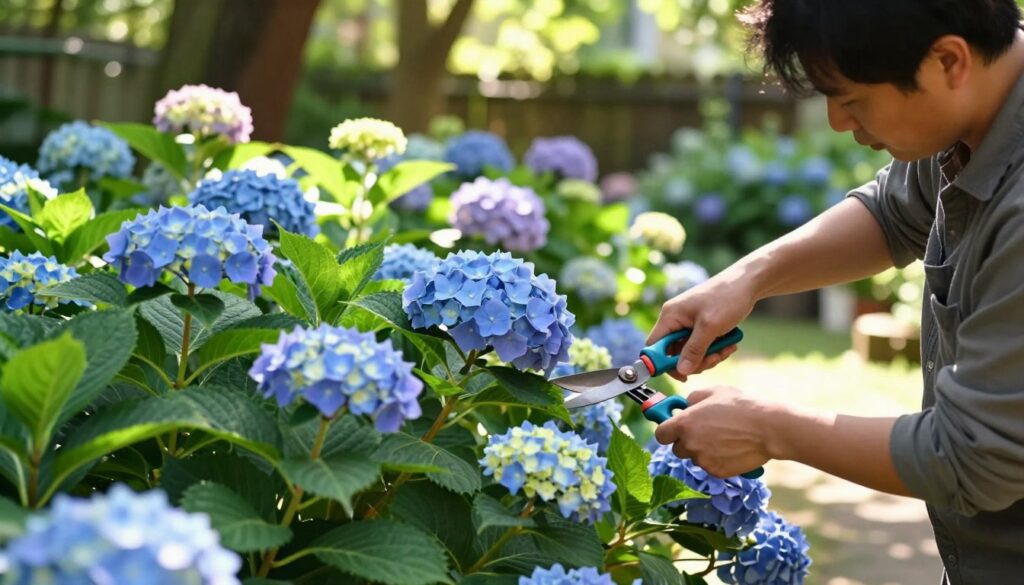 A serene garden scene showcasing the careful pruning of hydrangeas, focusing on the act of cutting colorful hydrangea flowers and leaves. In the foreground, a gardener in modest casual clothing diligently trims a vibrant blue hydrangea bush with shears, their face expressing concentration. The middle ground features various hydrangea varieties with distinct leaf shapes and flower colors, illustrating differences between types. In the background, a peaceful garden setting with soft sunlight filtering through trees, casting dappled shadows. Capture the essence of a sunny day with warm tones, emphasizing the beauty of nature and the importance of pruning in gardening. The composition should be well-balanced and visually engaging, with a shallow depth of field to highlight the details of the hydrangeas. A serene garden scene showcasing the careful pruning of hydrangeas, focusing on the act of cutting colorful hydrangea flowers and leaves. In the foreground, a gardener in modest casual clothing diligently trims a vibrant blue hydrangea bush with shears, their face expressing concentration. The middle ground features various hydrangea varieties with distinct leaf shapes and flower colors, illustrating differences between types. In the background, a peaceful garden setting with soft sunlight filtering through trees, casting dappled shadows. Capture the essence of a sunny day with warm tones, emphasizing the beauty of nature and the importance of pruning in gardening. The composition should be well-balanced and visually engaging, with a shallow depth of field to highlight the details of the hydrangeas.