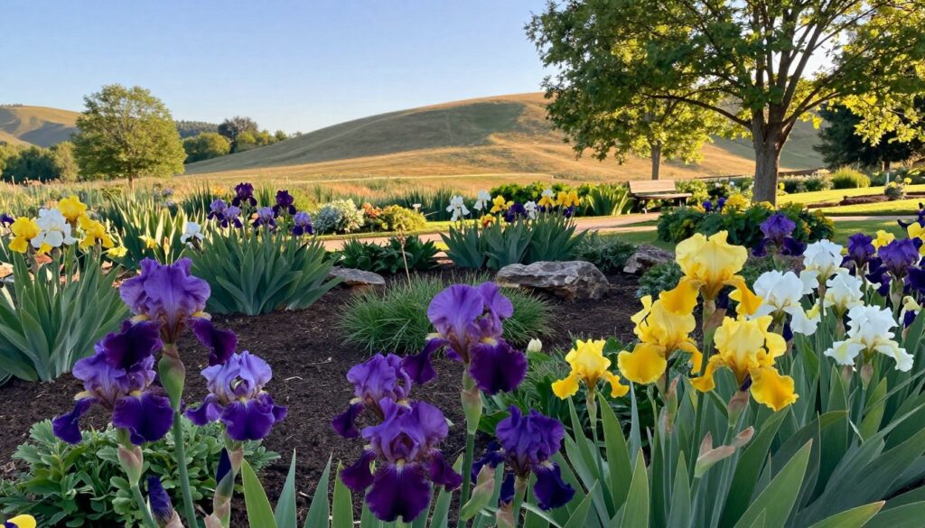 A serene garden scene showcasing the ideal location for irises. In the foreground, vibrant irises in full bloom, displaying a variety of colors like deep purple, bright yellow, and soft white. The middle ground features a well-manicured garden bed with rich, dark soil, complemented by lush green foliage and carefully placed rocks. In the background, a gentle slope of rolling hills under a clear blue sky, with the warm sun casting soft, golden light across the landscape. Include a few leafy trees providing dappled shade, and a small wooden bench inviting viewers to enjoy the beauty of the garden. The atmosphere is tranquil and inviting, reflecting a perfect spot for planting irises.