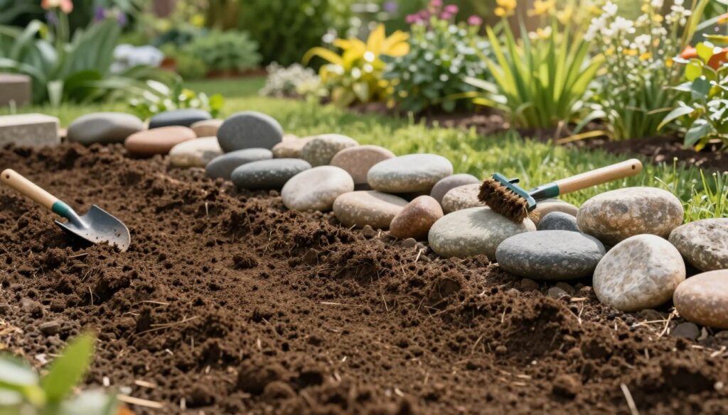 A serene garden scene showcasing the preparation of soil for stone decorations, with foreground details of rich, dark earth being tilled and carefully leveled. In the middle ground, neatly arranged piles of smooth stones of varying shapes and sizes waiting to be placed, along with small gardening tools like a spade and rake brushed with soil. The background features a lush garden with vibrant greenery under soft, natural sunlight, creating a warm and inviting atmosphere. The angle is slightly elevated, capturing the layered depth of the scene and emphasizing the meticulousness of the gardening process. The lighting is bright yet gentle, highlighting the textures of the soil and stones, evoking a sense of tranquility and dedication to garden design. A serene garden scene showcasing the preparation of soil for stone decorations, with foreground details of rich, dark earth being tilled and carefully leveled. In the middle ground, neatly arranged piles of smooth stones of varying shapes and sizes waiting to be placed, along with small gardening tools like a spade and rake brushed with soil. The background features a lush garden with vibrant greenery under soft, natural sunlight, creating a warm and inviting atmosphere. The angle is slightly elevated, capturing the layered depth of the scene and emphasizing the meticulousness of the gardening process. The lighting is bright yet gentle, highlighting the textures of the soil and stones, evoking a sense of tranquility and dedication to garden design.