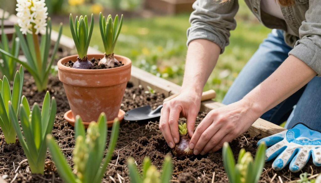 A serene garden scene showcasing the process of planting hyacinths in both a garden bed and a decorative pot. In the foreground, a gardener, dressed in modest casual clothing, is gently placing a bulb into the rich, dark soil of a vibrant flower bed, surrounded by healthy green foliage. To the side, a beautifully designed terracotta pot with small hyacinth bulbs partially emerging from the soil, hinting at their future blooms. The middle ground features various garden tools like a trowel and gloves, adding authenticity to the scene. The background displays a sunny spring day with soft natural lighting illuminating the scene, creating a warm and inviting atmosphere. The focus is on the gardener's hands and the bulbs, capturing the essence of nurturing plant life.