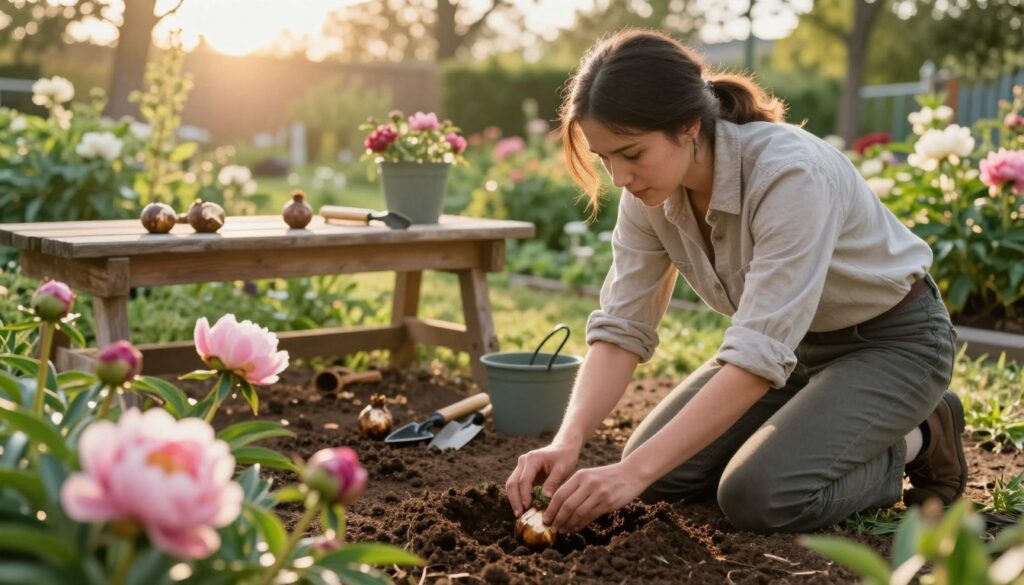 A serene garden setting at dawn, showcasing a gardener in modest casual attire kneeling down and planting a peony bulb in rich, dark soil. The foreground features vibrant peony buds and leaves, hinting at their future bloom. The middle ground reveals a wooden potting bench adorned with gardening tools and additional peony bulbs, along with scattered garden soil. In the background, a backdrop of softly blurred flowering plants and lush green foliage creates a tranquil atmosphere. The warm, golden morning light filters through the trees, casting gentle shadows that enhance the peaceful vibe. The image conveys a sense of hope and care, embodying the spirit of nurturing these beautiful flowers for a blooming garden.