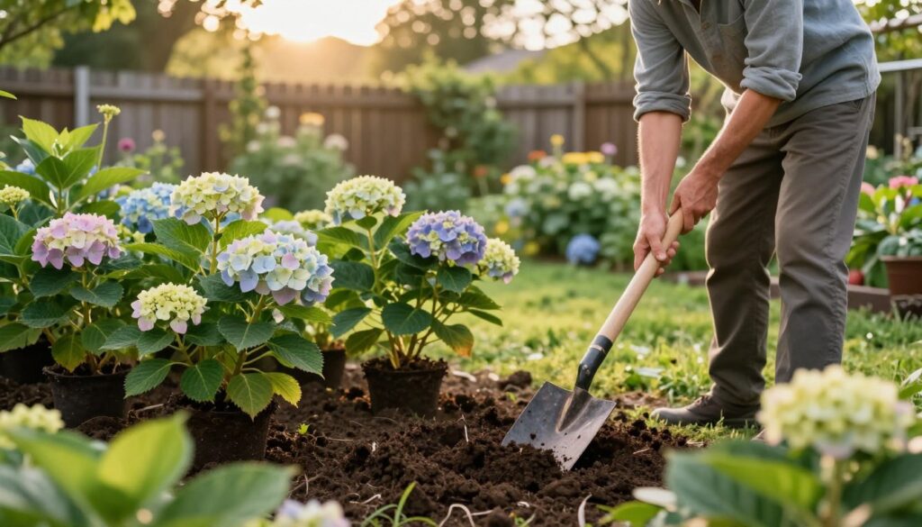 A serene garden setting featuring a gardener preparing soil for transplanting hydrangea bushes. In the foreground, focus on rich, dark soil being turned with a hand trowel, surrounded by vibrant green plants. The middle ground showcases delicate, blooming hydrangeas with soft pastel petals, arranged neatly for transplanting. In the background, a sun-drenched landscape with a wooden fence and lush foliage creates a tranquil atmosphere. Soft, golden afternoon light filters through the trees, highlighting the gentle movements of the gardener, dressed in modest casual clothing. Capture the meticulous attention to detail and care involved in preparing the perfect spot for these beautiful shrubs, evoking a sense of peace and dedication to nurturing nature. A serene garden setting featuring a gardener preparing soil for transplanting hydrangea bushes. In the foreground, focus on rich, dark soil being turned with a hand trowel, surrounded by vibrant green plants. The middle ground showcases delicate, blooming hydrangeas with soft pastel petals, arranged neatly for transplanting. In the background, a sun-drenched landscape with a wooden fence and lush foliage creates a tranquil atmosphere. Soft, golden afternoon light filters through the trees, highlighting the gentle movements of the gardener, dressed in modest casual clothing. Capture the meticulous attention to detail and care involved in preparing the perfect spot for these beautiful shrubs, evoking a sense of peace and dedication to nurturing nature.