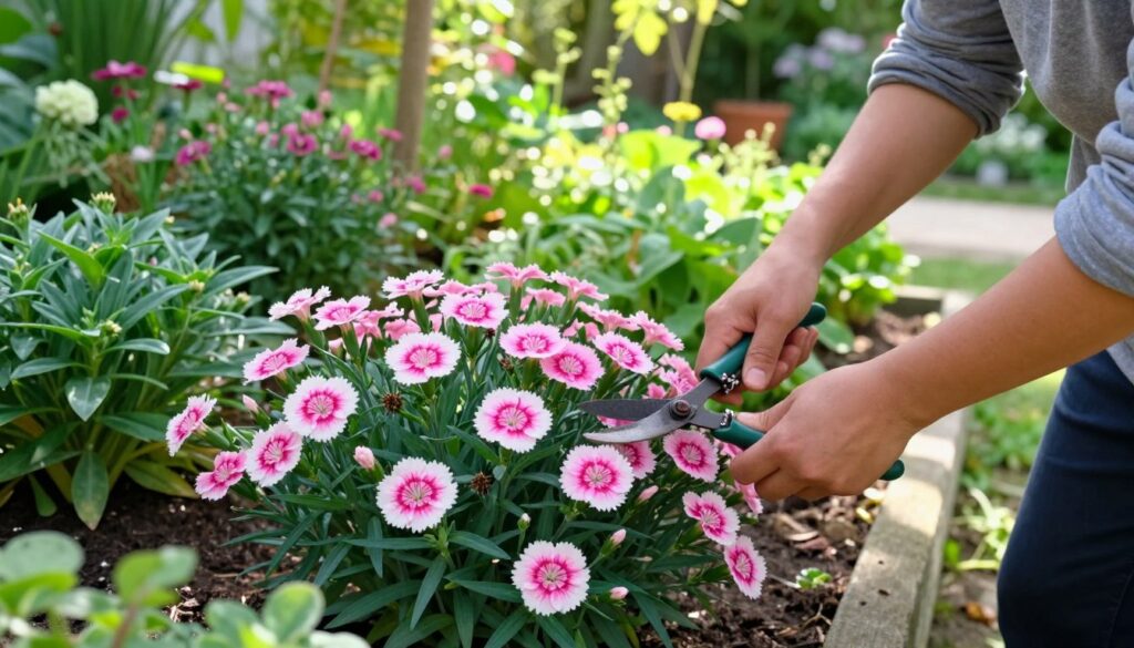 A serene garden setting featuring bright, healthy pink and white dianthus (carnations) just after blooming, surrounded by lush green foliage. In the foreground, a gardener in modest casual clothing carefully prunes the dianthus with garden shears, focused on optimizing the plants for growth. The middle ground showcases other flowering plants and vibrant greenery, creating a harmonious atmosphere. In the background, soft sunlight filters through trees, casting gentle shadows and illuminating the scene. The overall mood is peaceful and nurturing, evoking a sense of care and attention to gardening, emphasizing the ideal timing for pruning to encourage growth. Capture this moment from a slightly elevated angle, creating depth and inviting the viewer into the garden. A serene garden setting featuring bright, healthy pink and white dianthus (carnations) just after blooming, surrounded by lush green foliage. In the foreground, a gardener in modest casual clothing carefully prunes the dianthus with garden shears, focused on optimizing the plants for growth. The middle ground showcases other flowering plants and vibrant greenery, creating a harmonious atmosphere. In the background, soft sunlight filters through trees, casting gentle shadows and illuminating the scene. The overall mood is peaceful and nurturing, evoking a sense of care and attention to gardening, emphasizing the ideal timing for pruning to encourage growth. Capture this moment from a slightly elevated angle, creating depth and inviting the viewer into the garden.