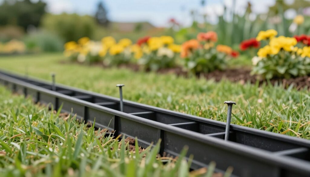 A serene garden setting focuses on the installation of plastic lawn edging secured with stakes. In the foreground, a neatly arranged row of plastic edging curves gracefully, showcasing its smooth black surface. The stakes, metallic and rugged, are driven into the ground, firmly anchoring the edging in place. In the middle ground, lush green grass contrasts with a vibrant flower bed, clearly demarcated by the edging. The background blends soft-focus greenery and a light blue sky, suggesting a bright, sunny day. The scene is illuminated with soft, natural lighting, capturing the fresh, inviting atmosphere of a well-maintained garden. The perspective is slightly elevated, offering a clear overview of the edging and stakes without any distractions or text elements. A serene garden setting focuses on the installation of plastic lawn edging secured with stakes. In the foreground, a neatly arranged row of plastic edging curves gracefully, showcasing its smooth black surface. The stakes, metallic and rugged, are driven into the ground, firmly anchoring the edging in place. In the middle ground, lush green grass contrasts with a vibrant flower bed, clearly demarcated by the edging. The background blends soft-focus greenery and a light blue sky, suggesting a bright, sunny day. The scene is illuminated with soft, natural lighting, capturing the fresh, inviting atmosphere of a well-maintained garden. The perspective is slightly elevated, offering a clear overview of the edging and stakes without any distractions or text elements.