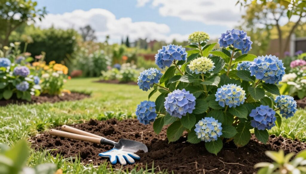 A serene garden setting showcasing a lush hydrangea bush in full bloom, positioned prominently in the foreground. Surround the bush with rich, dark soil freshly prepared for planting, with some gardening tools like a spade and gloves nearby, indicating thorough soil preparation. In the middle ground, add gently sloping mounds of soft green grass and a variety of garden plants, creating a vibrant yet harmonious palette. The background features a softly blurred view of a bright, sunny sky with a few fluffy clouds, suggesting an ideal planting day. Use warm, natural lighting to enhance the colors of the flowers and the soil, creating an inviting atmosphere that communicates the importance of selecting the right spot for planting hydrangeas. A serene garden setting showcasing a lush hydrangea bush in full bloom, positioned prominently in the foreground. Surround the bush with rich, dark soil freshly prepared for planting, with some gardening tools like a spade and gloves nearby, indicating thorough soil preparation. In the middle ground, add gently sloping mounds of soft green grass and a variety of garden plants, creating a vibrant yet harmonious palette. The background features a softly blurred view of a bright, sunny sky with a few fluffy clouds, suggesting an ideal planting day. Use warm, natural lighting to enhance the colors of the flowers and the soil, creating an inviting atmosphere that communicates the importance of selecting the right spot for planting hydrangeas.
