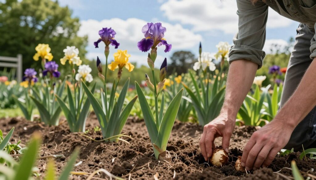 A serene garden setting showcasing the proper planting of irises in a new location. In the foreground, a gardener in modest casual clothing gently places iris rhizomes in well-tilled soil, ensuring they are positioned at the correct depth. The middle ground features vibrant iris plants in various stages of growth, with rich green foliage and budding flowers in shades of purple, yellow, and white. In the background, a bright blue sky with fluffy white clouds and sunlight filtering through trees casts a warm glow, creating an inviting atmosphere. The scene is captured from a low angle, emphasizing the intricacy of the planting process and the beauty of the garden.