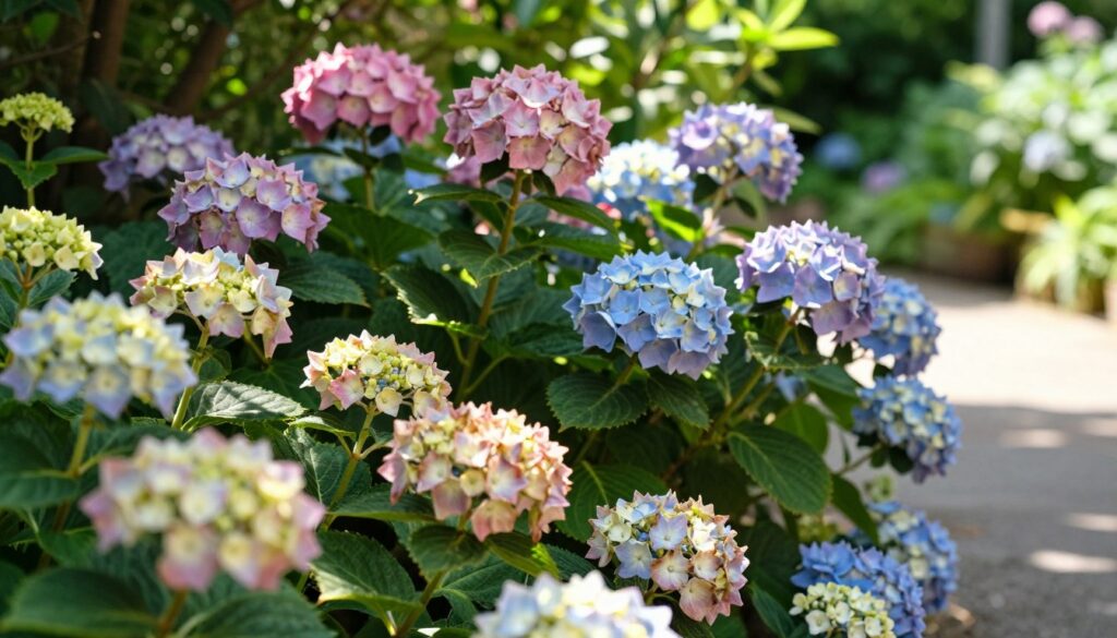 A serene garden setting showcasing various types of hydrangea flower clusters, known as "kwiatostany," in various stages of bloom and decay. In the foreground, close-up details of wilted, faded blossoms with soft pastel colors, like pink, blue, and white, reflect the beauty of the aging flower heads. In the middle ground, healthy hydrangea bushes bursting with vibrant blooms in full summer glory, under dappled sunlight filtering through leaves. The background features lush greenery and a softly blurred garden path, creating depth. The scene is bathed in warm, natural light, evoking a peaceful and reflective mood, suitable for illustrating the process of pruning these beautiful flowers. A serene garden setting showcasing various types of hydrangea flower clusters, known as "kwiatostany," in various stages of bloom and decay. In the foreground, close-up details of wilted, faded blossoms with soft pastel colors, like pink, blue, and white, reflect the beauty of the aging flower heads. In the middle ground, healthy hydrangea bushes bursting with vibrant blooms in full summer glory, under dappled sunlight filtering through leaves. The background features lush greenery and a softly blurred garden path, creating depth. The scene is bathed in warm, natural light, evoking a peaceful and reflective mood, suitable for illustrating the process of pruning these beautiful flowers.
