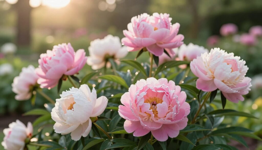 A serene garden setting showcasing vibrant, blooming peonies (peonies bylinowe) in full display. In the foreground, a close-up view of lush, delicate pink and white peony flowers with velvety petals, glistening with morning dew. In the middle ground, healthy green foliage surrounds the blooms, providing a rich backdrop of leaves. The background features soft-focus hints of a tranquil garden, including blurred trees and flowers, bathed in warm, golden sunlight that creates a soft, inviting atmosphere. The image captures the beauty and resilience of peonies, evoking a sense of growth and renewal, suitable for an informative gardening guide. A serene garden setting showcasing vibrant, blooming peonies (peonies bylinowe) in full display. In the foreground, a close-up view of lush, delicate pink and white peony flowers with velvety petals, glistening with morning dew. In the middle ground, healthy green foliage surrounds the blooms, providing a rich backdrop of leaves. The background features soft-focus hints of a tranquil garden, including blurred trees and flowers, bathed in warm, golden sunlight that creates a soft, inviting atmosphere. The image captures the beauty and resilience of peonies, evoking a sense of growth and renewal, suitable for an informative gardening guide.