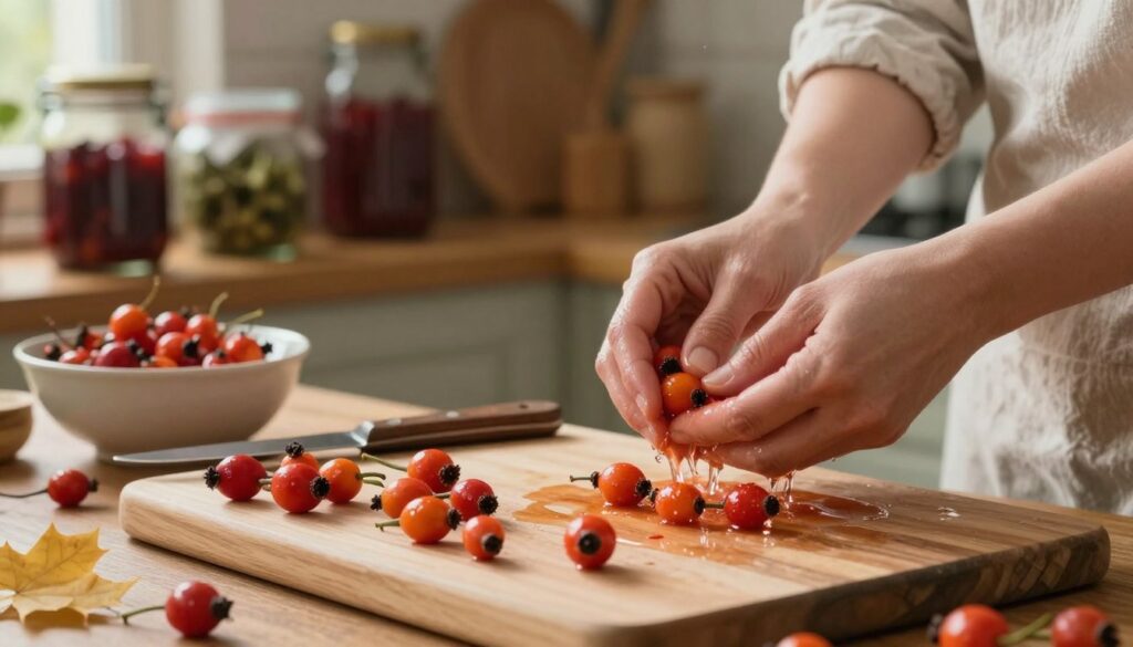 A serene kitchen scene focused on the preparation of wild rose hips for drying. In the foreground, a wooden cutting board showcases freshly harvested wild rose hips, vibrant and plump, with their distinct red-orange color glistening under soft natural light. Delicate hands in modest clothing gently wash and sort the fruit, surrounded by simple tools like a knife and a bowl. In the middle background, a rustic kitchen shelf displays jars and herbs, hinting at the upcoming process of making herbal tea and preserves. The warm lighting creates a cozy, inviting atmosphere, evoking the rustic charm of home, with hints of autumn reflected in the colors and textures of the environment. The scene captures a moment of care and tradition in a peaceful setting. A serene kitchen scene focused on the preparation of wild rose hips for drying. In the foreground, a wooden cutting board showcases freshly harvested wild rose hips, vibrant and plump, with their distinct red-orange color glistening under soft natural light. Delicate hands in modest clothing gently wash and sort the fruit, surrounded by simple tools like a knife and a bowl. In the middle background, a rustic kitchen shelf displays jars and herbs, hinting at the upcoming process of making herbal tea and preserves. The warm lighting creates a cozy, inviting atmosphere, evoking the rustic charm of home, with hints of autumn reflected in the colors and textures of the environment. The scene captures a moment of care and tradition in a peaceful setting.