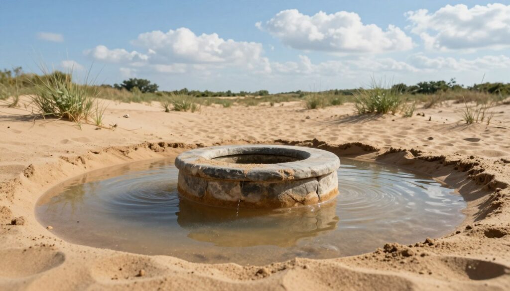 A serene landscape depicting a well surrounded by sand with water flowing sluggishly around it, indicating sand infiltration. In the foreground, a partially submerged well made of stone; the water appears murky with grains of sand suspended, creating a sense of blockage. In the middle ground, you can see a sandy area leading to the well, with small clumps of grass and bushes struggling to grow in the dry conditions. The background features a clear blue sky with fluffy white clouds and distant trees lining the horizon. Soft sunlight casts gentle reflections on the water surface, highlighting the sediment. Capture this from a low angle to emphasize the well's structure and the surrounding sand, evoking a mood of isolation and the need for restoration. A serene landscape depicting a well surrounded by sand with water flowing sluggishly around it, indicating sand infiltration. In the foreground, a partially submerged well made of stone; the water appears murky with grains of sand suspended, creating a sense of blockage. In the middle ground, you can see a sandy area leading to the well, with small clumps of grass and bushes struggling to grow in the dry conditions. The background features a clear blue sky with fluffy white clouds and distant trees lining the horizon. Soft sunlight casts gentle reflections on the water surface, highlighting the sediment. Capture this from a low angle to emphasize the well's structure and the surrounding sand, evoking a mood of isolation and the need for restoration.