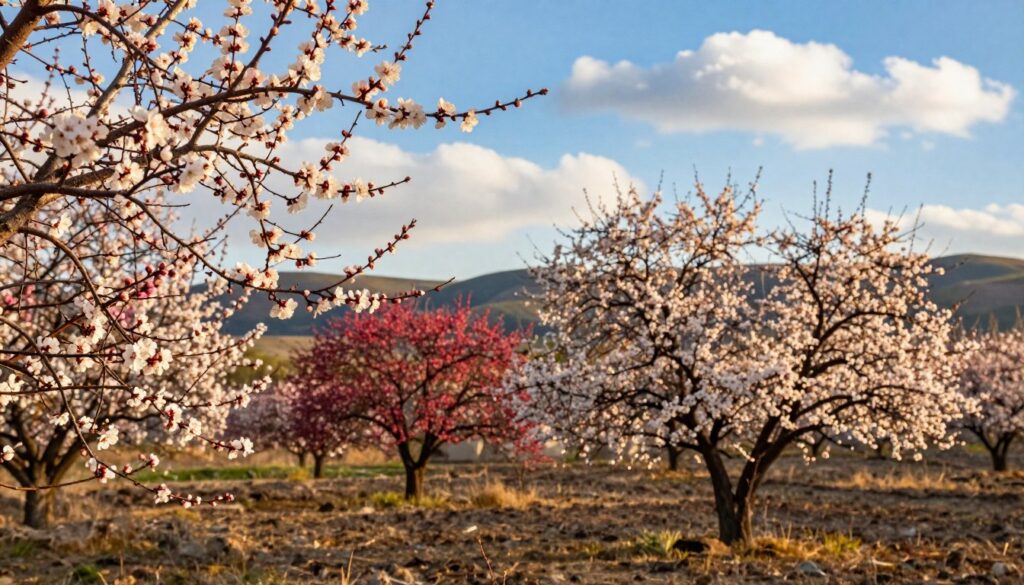 A serene landscape showcasing the blooming of fruit trees in spring. In the foreground, a gentle breeze rustles through delicate branches adorned with vibrant, white and pink blossoms, symbolizing the vitality of nature. In the middle ground, several fruit trees are juxtaposed, showcasing varying stages of bloom, with some trees in full bloom and others just starting to bud, representing the diverse factors influencing flowering time and fruit quality. The background consists of a soft-focus view of rolling hills under a bright blue sky with fluffy white clouds, enhancing the atmosphere of renewal and growth. The lighting is warm and inviting, casting a golden hue across the scene in the late afternoon, capturing the essence of the season.
