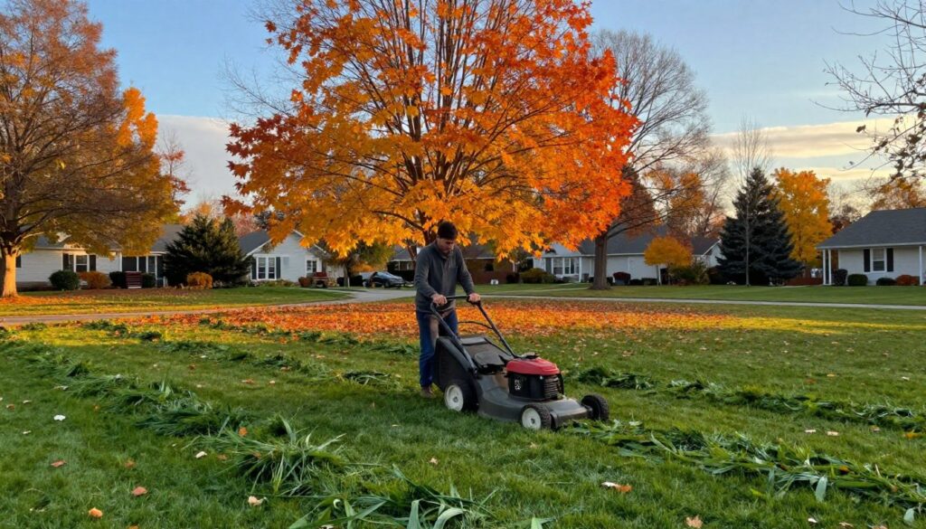 A serene, late autumn scene depicting the final lawn mowing of the season. In the foreground, a well-maintained green lawn, with freshly cut grass clippings scattered across. A lawn mower, classic and sturdy, sits in the center, with a skilled gardener in modest, casual clothing, focusing on the task. The middle of the image showcases vibrant autumn leaves scattered, hinting at the seasonal transition. In the background, a peaceful suburban landscape features trees in warm hues of orange and yellow, under a soft, golden light of a late afternoon sun. The atmosphere is calm and reflective, evoking a sense of preparation for winter, with clear blue skies and a hint of distant clouds, suggesting a tranquil autumn day.