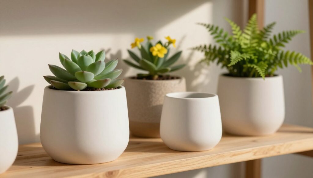 A serene, minimalist setting featuring elegant ceramic plant pots arranged on a simple wooden shelf. In the foreground, showcase two matte white ceramic pots with soft, rounded edges, one containing a lush, green succulent and the other a delicate fern. In the middle, place a textured beige pot with a small, vibrant flowering plant. The background should be softly blurred to highlight the pots, adorned with subtle shadows that suggest natural light coming from a nearby window. Use a warm, inviting light to create a cozy atmosphere, while the focus remains on the pots, emphasizing their unique designs and textures. Ideal angle for a soft depth of field, enhancing the overall minimalist aesthetic. A serene, minimalist setting featuring elegant ceramic plant pots arranged on a simple wooden shelf. In the foreground, showcase two matte white ceramic pots with soft, rounded edges, one containing a lush, green succulent and the other a delicate fern. In the middle, place a textured beige pot with a small, vibrant flowering plant. The background should be softly blurred to highlight the pots, adorned with subtle shadows that suggest natural light coming from a nearby window. Use a warm, inviting light to create a cozy atmosphere, while the focus remains on the pots, emphasizing their unique designs and textures. Ideal angle for a soft depth of field, enhancing the overall minimalist aesthetic.