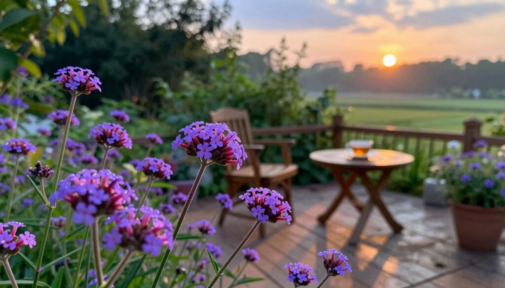 A serene morning scene capturing the essence of verbena in bloom. In the foreground, vibrant clusters of verbena flowers in shades of purple and pink, dew glistening on their petals. The middle ground features a quaint terrace with rustic wooden furniture, invitingly set with a cup of tea, casting soft shadows from the rising sun. In the background, lush green foliage and gentle sunlight filtering through, enhancing the atmosphere of freshness. The sky is painted in pastel hues of orange and blue, indicating dawn. The lighting is warm and soft, invoking a peaceful and tranquil mood, perfect for illustrating the olfactory richness and intensity of verbena's fragrance in the morning air. A serene morning scene capturing the essence of verbena in bloom. In the foreground, vibrant clusters of verbena flowers in shades of purple and pink, dew glistening on their petals. The middle ground features a quaint terrace with rustic wooden furniture, invitingly set with a cup of tea, casting soft shadows from the rising sun. In the background, lush green foliage and gentle sunlight filtering through, enhancing the atmosphere of freshness. The sky is painted in pastel hues of orange and blue, indicating dawn. The lighting is warm and soft, invoking a peaceful and tranquil mood, perfect for illustrating the olfactory richness and intensity of verbena's fragrance in the morning air.